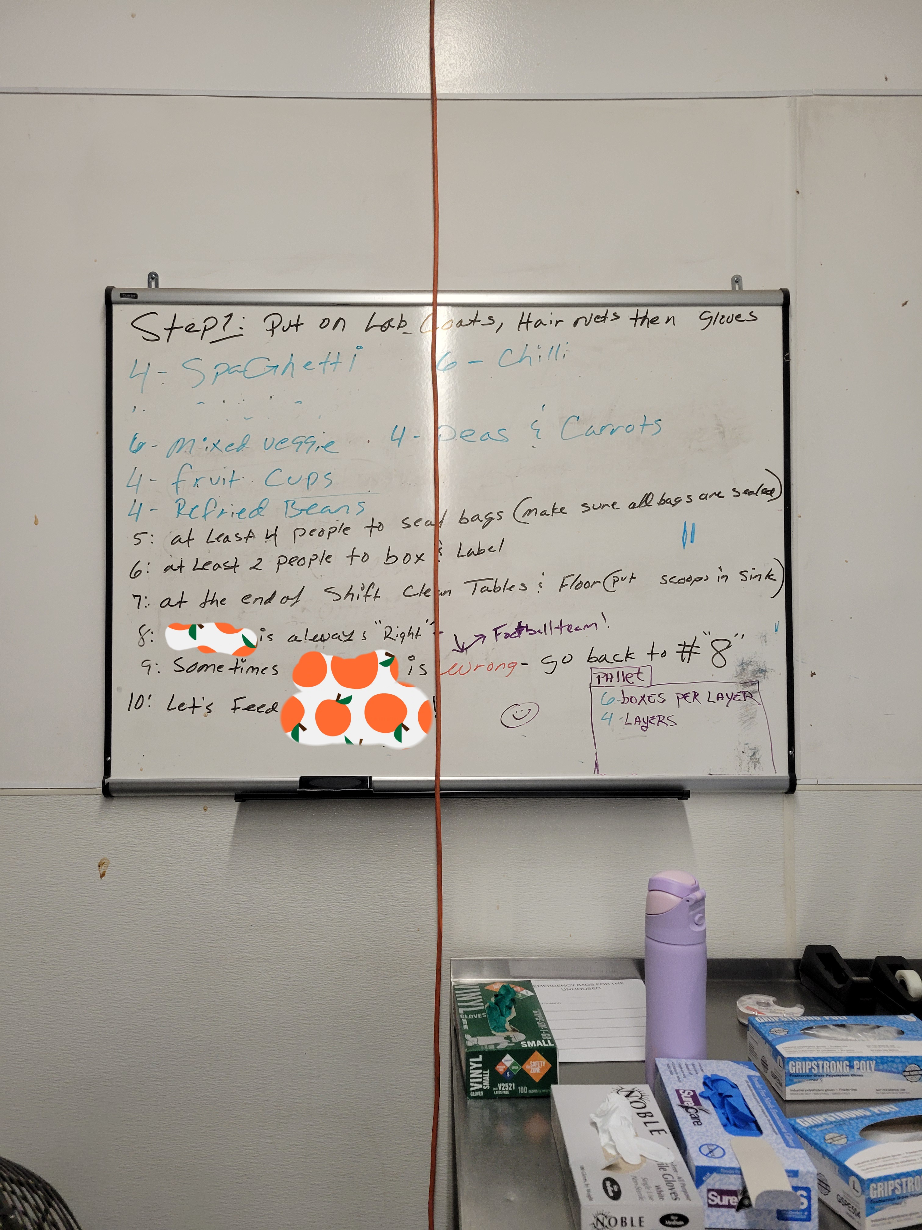 Instruction for the clean room where you have to put on a lab coats, gloves, and hair net.